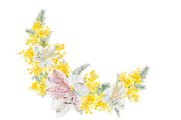 Obraz premium Floral round frame with hand-painted watercolor flowers mimosa and lily. Decorative wreath, for creating cards, invitations, etc.