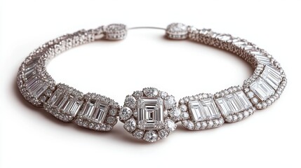 Elegant platinum jewelry set with baguette diamonds on earrings, necklace, and ring, isolate on white background