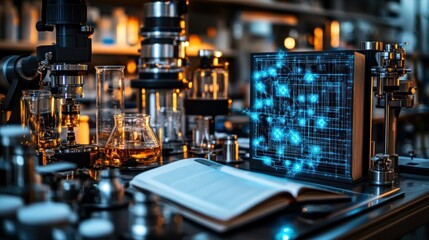 Obraz premium Lab equipment, notebook, glowing display, in a bright setting