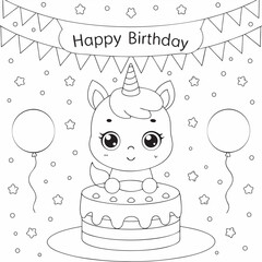 Happy Birthday Unicorn Cake Coloring Page, drawing design