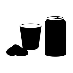 Silhouetted image featuring a soda can, a glass, and ice cubes