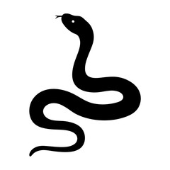 Stylized black snake with forked tongue protruding on a white background