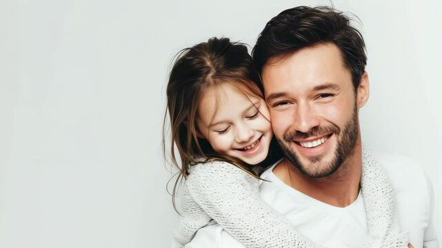 Father and daughter piggy back ride. Loving man father holding cute adopted lovely kid daughter touching with child hugging girl on white background bonding hug embracing cuddling together happy 
