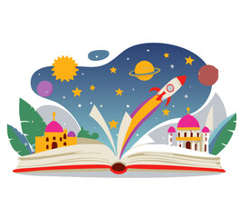 Imaginative Open Book with Rocket and Outer Space Adventure &ndash; Kids Learning Concept

