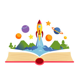 Imaginative Open Book with Rocket and Outer Space Adventure &ndash; Kids Learning Concept

