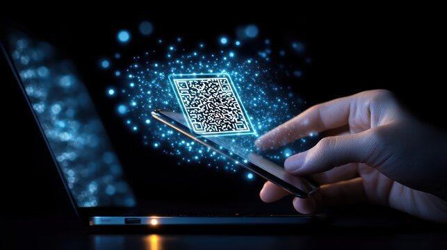 Hand using smartphone to scan glowing digital QR code