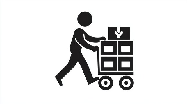 Worker moving boxes on hand truck, warehouse background, logistics