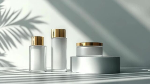 White frosted glass cosmetic bottles with golden caps, placed on podiums of different heights. v4