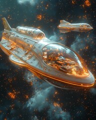 Large light-grey spaceship with transparent dome and glowing orange accents in space with nebulae