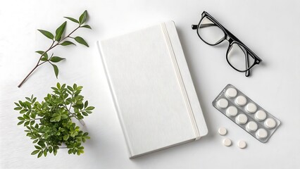 Notebook and pen on wood alongside glasses and a book suggest business or study