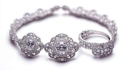 Luxurious silver jewelry set with matching clear diamonds on earrings, necklace, and ring, isolate on white background