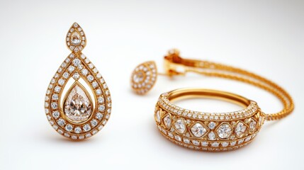 Stylish gold jewelry set with delicate pear-shaped diamonds on earrings, necklace, and ring, isolate on white background