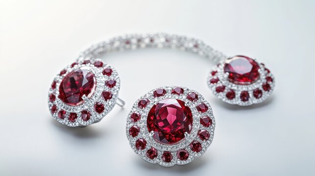 Timeless ruby jewelry set with radiant red rubies on earrings, necklace, and matching ring, isolate on white background