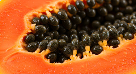 Close-up of Ripe Papaya's Interior, Abundant Black Seeds