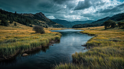The image depicts a serene landscape with a winding river flowing through a grassy field