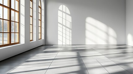 Window light casts shadows on a white wall and gray floor in an empty room, an abstract geometric pattern for backgrounds, mockups, and design projects.