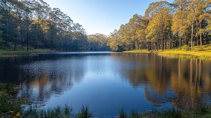 Fototapeta premium Serene Lake Surrounded by Golden Autumn Trees Reflecting in Calm