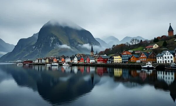 Odda Town House In Norway Misty Mountain Landscape And Water Reflection. 4k video