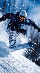 A snowboarder is in the air, riding a snowboard down a snowy slope
