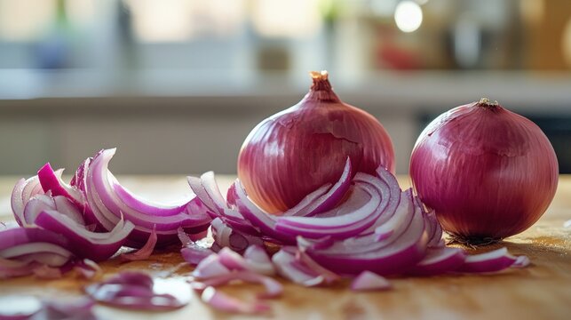 Freshly sliced red onions on a wooden cutting board