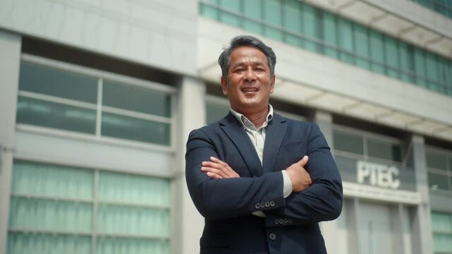 Portrait confidently smiling senior mature business man looking at camera with arm crossed standing in front of office building, happy mature asian people lifestyle.
