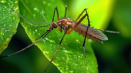 Fototapeta premium Close-up view of a mosquito on a green leaf with water droplets highlighting its delicate wings