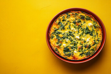 Top View Of Small Spinach And Feta Quiche On Vibrant Background With Copy Space, Food Photography