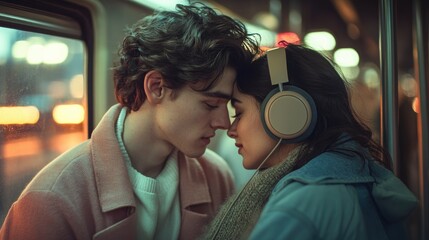 A young couple shares a tender moment on a public transport, lost in their own world, eyes closed.