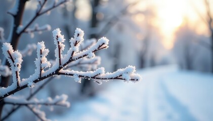 Glistening frost on winter branches, stark white setting, minimal, stock, tree