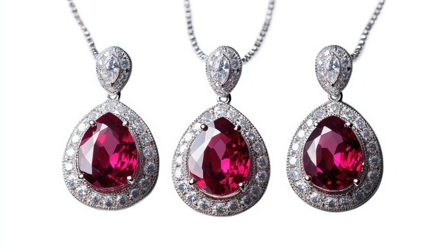 Classic ruby jewelry set with radiant red rubies and diamonds on earrings, necklace, and ring, isolate on white background