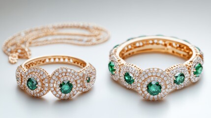 Timeless gold jewelry set with round diamonds and emerald accents on earrings, necklace, and ring, isolate on white background