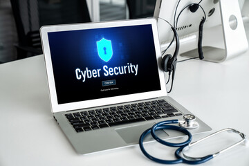 Cyber security system on computer screen protect private information snugly from hacker and cyber attack