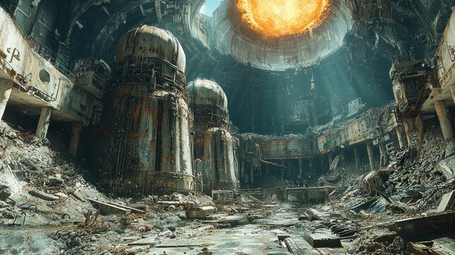 Exploring Abandoned Industrial Ruins with Imploding Sun in Futuristic Scenery