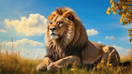 Obraz premium African Lion Resting on Grassland – Majestic Wild Animal Nature Photo