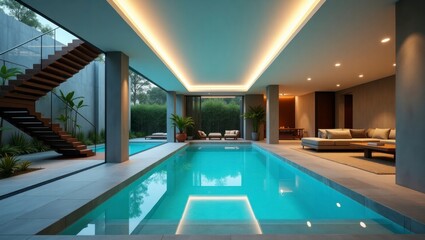 Modern house featuring a beautiful pool surrounded by vibrant colors and surreal cinematic elements for relaxed living