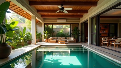 Obraz premium Modern pool area with ceiling fan and comfortable couch surrounded by lush greenery for a relaxing outdoor retreat