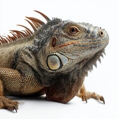Fototapeta premium Close-up of iguana head with detailed texture and scales isolated on white background
