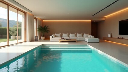 Elegant living room with pool view featuring surreal vibrant colors and cinematic quality for a luxurious experience