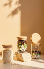 Three glass jars with wooden lids, showcasing oats, beans, and coffee.