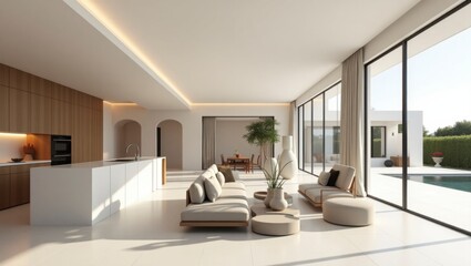 Sophisticated living room with surreal and vibrant colors offering a high fidelity design for modern comfort