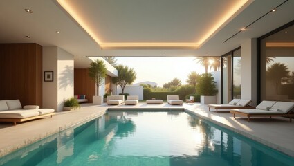 Fototapeta premium Elegant pool surrounded by beautiful landscaping inviting guests for a refreshing swim in a luxurious outdoor oasis