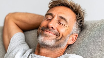 Obraz premium Relaxed Mature Man Enjoying Peaceful Moment on Sofa