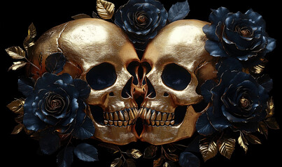 Gothic elegance: Ornate gold skulls with roses, perfect for Halloween, Day of the Dead, or edgy designs. High-resolution, dramatic lighting, hyperrealistic digital art.