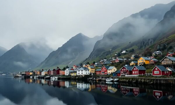 Odda Town House In Norway Misty Mountain Landscape And Water Reflection. 4k video