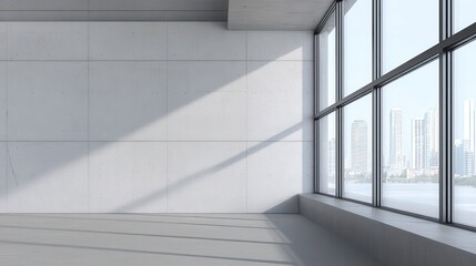 Obraz premium Minimalist concrete wall with large windows and soft light, embodying clean modern design in a simple office space
