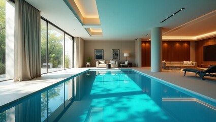Elegant pool area of a modern indoor space showcasing a perfect blend of comfort and contemporary design