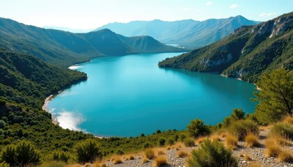 Obraz premium Irregularly shaped lake with winding shoreline and diverse plant life, water, bushes