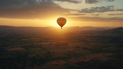 Hot air balloon at sunrise over a valley.