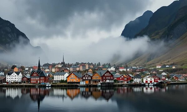 Odda Town House In Norway Misty Mountain Landscape And Water Reflection. 4k video