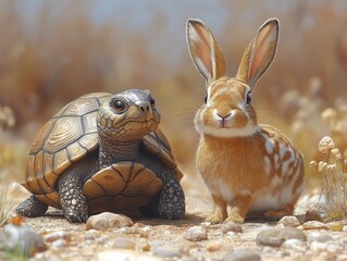 A Desert Tale: Hare and Tortoise, a Timeless Friendship in the Arid Landscape, A Reminder of Slow Progress and Energetic Companionship Under the Warm Sun.